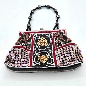 Mervyns Partners Black Bead Rhinestone & Sequin Purse Kiss Lock  Handbag VINTAGE